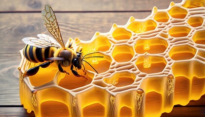 honey plastic with honey and bee  - obrazy, fototapety, plakaty
