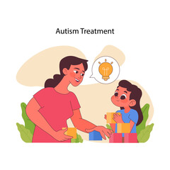 Autism Treatment theme portrayed with a nurturing moment of play therapy, enlightening a child's learning journey. Flat vector illustration