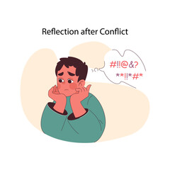 Reflection after Conflict concept. A young boy reflects on a recent argument, contemplating the exchange with a troubled expression. Flat vector illustration