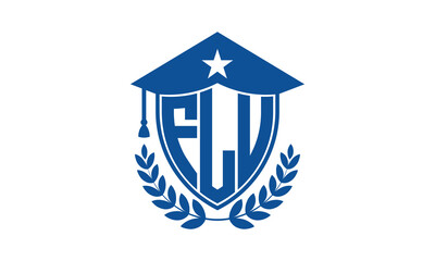 FLU three letter iconic academic logo design vector template. monogram, abstract, school, college, university, graduation cap symbol logo, shield, model, institute, educational, coaching canter, tech