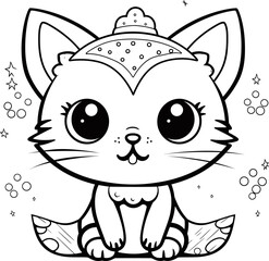 cute cartoon kawail vector image, black and white coloring page