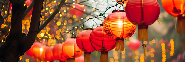 Chinese lanterns during new year festival. Vietnamese New Year BANNER, long format - obrazy, fototapety, plakaty
