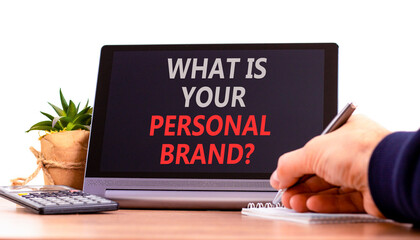 What is your personal brand symbol. Concept words What is your personal brand on beautiful black tablet. Beautiful white background. Business, what is your personal brand concept. Copy space.