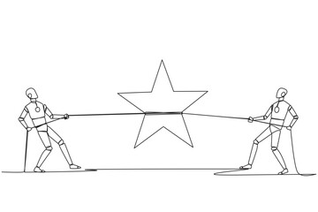 Single continuous line drawing two smart robots fighting for a star. The fierce battle of technology. Trying to achieve very satisfactory rating. Chasing the dream. One line design vector illustration