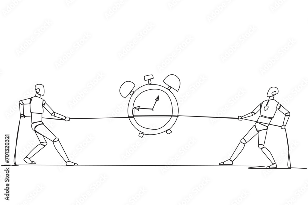 Poster continuous one line drawing two smart robots fighting over an alarm clock. competition to get the de
