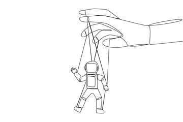 Single continuous line drawing astronaut walk by being moved by ropes controlled by a giant hand above. Very weak policy. A helpless astronaut doll. Outer space. One line design vector illustration