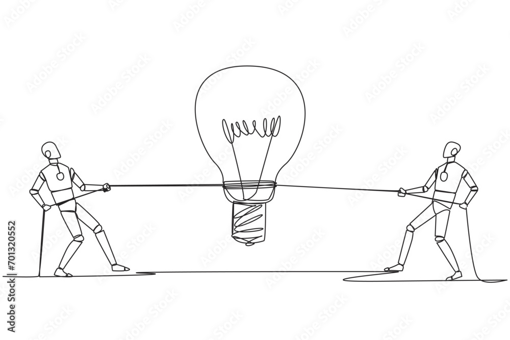 Poster continuous one line drawing two robots fighting over lightbulb. fierce competition to find best solu