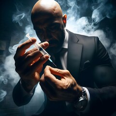 Smartly dressed mafia gangster man smoking and holding syringe in dark smoky room , criminal concept