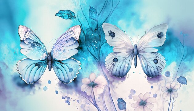 blue butterflies on a blue background painted with watercolor 