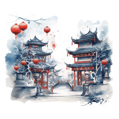 Pagoda watercolor illustration - Asia, Japan, China