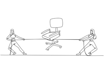 Continuous one line drawing two businesswomen fighting over office chair. Competition for worthy positions in the company. Fight for power. Personal gain. Single line draw design vector illustration