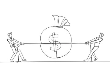 Single one line drawing two businessmen fighting over a money bag. Competition for big money. Greed of entrepreneurs. Break the rules for profit. Unethical. Continuous line design graphic illustration