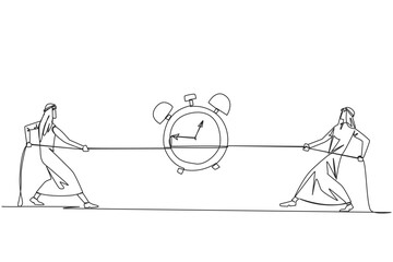 Single one line drawing two Arabian businessmen fighting over an alarm clock. Compete to be able to complete the report as quickly as possible. Obstacles. Continuous line design graphic illustration