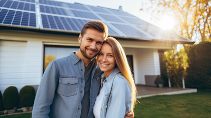 Happy couple standing in front of a house with solar panel