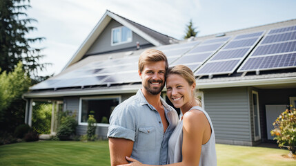 Happy couple standing in front of a house with solar panel