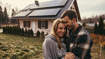 Happy couple standing in front of a house with solar panel