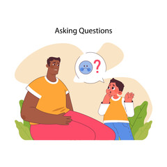 Asking Questions concept. A concerned child inquisitively questions a calm adult, illustrating the importance of curiosity and understanding in learning. Flat vector illustration