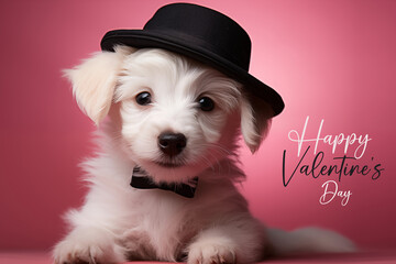 sweet cute white hairy pup dog, wearing a black hat, sitting ona a pink soft background, with the inscription Happy Valentine's Day - obrazy, fototapety, plakaty