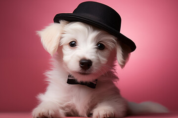 sweet cute smiling white hairy pup dog, wearing a black hat, sitting ona a pink soft background, it looks straight into the camera - 701321186