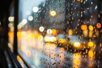 raindrops on a glass with blurred background of wet autumn city street, road and cars, streetlights in the evening, late autumn season