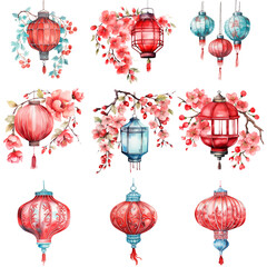 Chinese lantern watercolor illustration set