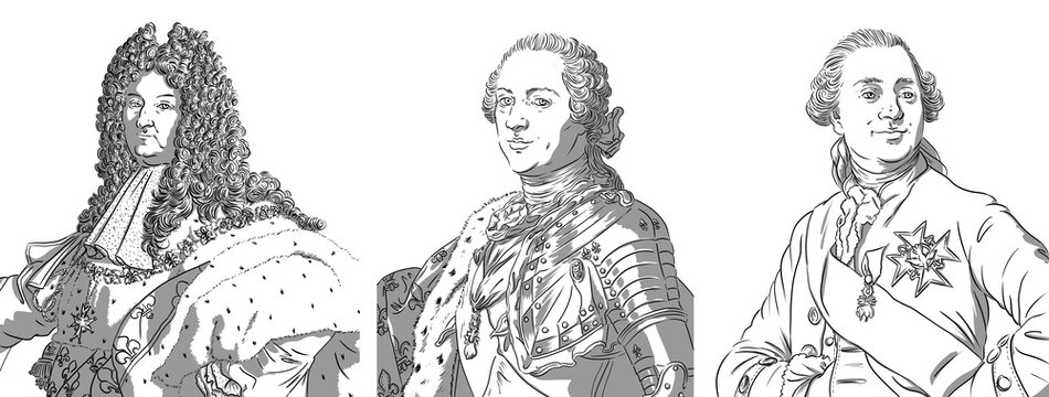Louis XIV, Louis XV and Louis XVI, Louis 14, Louis 15 and Louis 16, kings of France, portraits