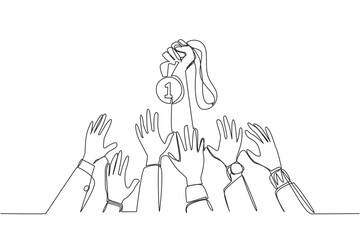 Single continuous line drawing hand in hand for medal number one. Everyone wants to get it. Fight harder. Trying to be smarter. Business success will arrive. One line design vector illustration