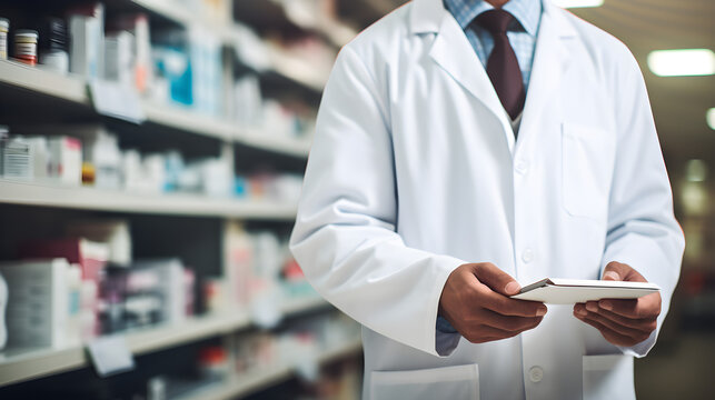 a pharmacist in professional attire, holding prescription medication, with a pharmacy setting softly blurred behind.