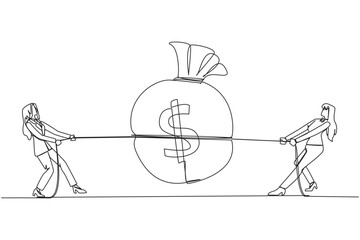 Single continuous line drawing two businesswomen fighting over a money bag. Competition for the bigest money. Compete to reap as many profits as possible. Greedy. One line design vector illustration