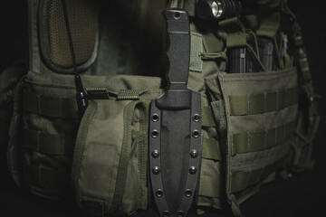 Tactical knife in a sheath on a plate carrier in military green color.