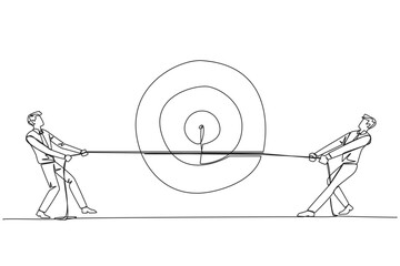 Continuous one line drawing two businessmen fighting over an arrow target board. Trying get the best focus. Achieve rapid business progress. The best boss. Single line draw design vector illustration