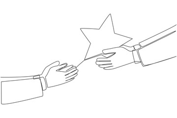 Continuous one line drawing a hand gives a star shape. Give the best assessment. A good rating is important value for surviving in an online shop. Review. Single line draw design vector illustration