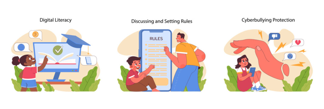 Digital literacy and safety set. Educating on responsible internet use, establishing clear usage rules, and shielding from cyberbullying. Technologies assistance in parenting. Flat vector illustration