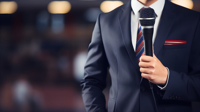 a journalist in professional attire, holding a microphone, with a newsroom setting softly blurred in the background. Public speaking illustration.