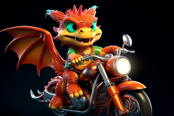 cute dragon character riding a motorbike 3d