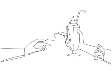 Single one line drawing hand giving milkshake. Cold drink made from mixture of milk, syrup, ice cream. Drinks served using straws. Has many flavor variants. Continuous line design graphic illustration