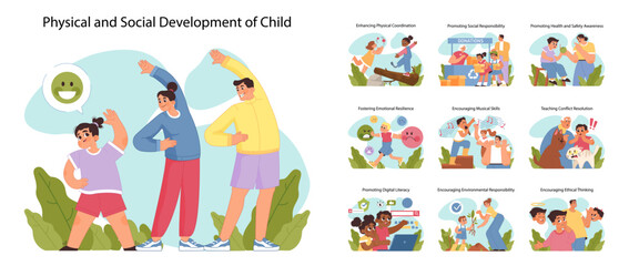 Physical and social development of child concept set. Children engaging in exercises, emotional learning, and social activities promoting comprehensive growth. Flat vector illustration