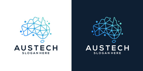 Map of australia logo design template with abstract dot, molecule and network Internet system logo design graphic vector. Symbol, icon, creative. © Crelaba_Std