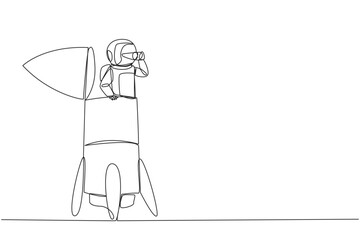 Single continuous line drawing astronaut emerges from the end of the rocket looking for something through binoculars. Check details before flying into the space. One line design vector illustration © Simple Line