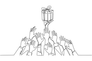 Single one line drawing hands fighting over the gift box. Win attractive prizes. Enjoyable business trip. Continue to be lucky. Entrepreneur welfare. Continuous line design graphic illustration