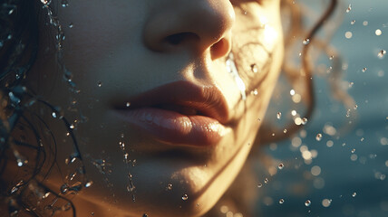 Close-up of a woman's lower canal standing against a background of splashing water droplets. grooming. cosmetics photo, beauty industry advertising photo. - obrazy, fototapety, plakaty