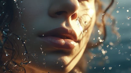 Foto op Plexiglas Close-up of a woman's lower canal standing against a background of splashing water droplets. grooming. cosmetics photo, beauty industry advertising photo. © Invi2ible