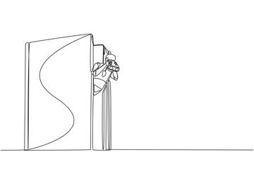 Single one line drawing a smart robot emerges from an old book looking for something through binoculars. Scan quickly. Reliable future technology. Hi tech. Continuous line design graphic illustration