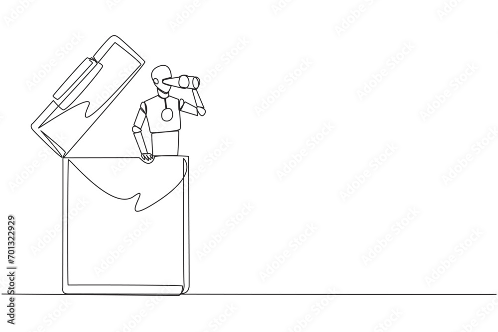 Poster single continuous line drawing a smart robot emerges from the clipboard looking for something throug