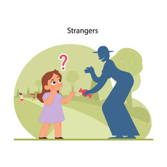 Stranger danger awareness. Little girl confused and hesitating, approached by stranger offering candy, kids playing in background. Vital moment teaching about stranger safety. Flat vector illustration