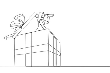 Fototapeta na wymiar Single continuous line drawing Arab businesswoman emerges from gift box look for something with binocular. Looks other opportunities to turn it into profitable business. One line vector illustration