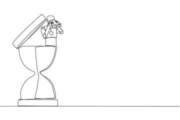 Fototapeta na wymiar Single one line drawing a smart robot emerges from the hourglass looking for something through binoculars. Scan. Analyze time. The deadline coming soon. Continuous line design graphic illustration