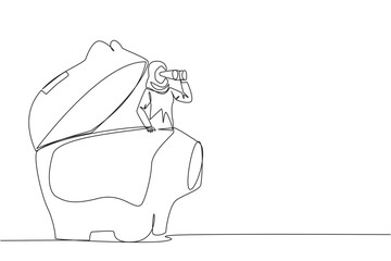 Continuous one line drawing Arabian businesswoman pops out of piggy bank look for something with binoculars. Looking for reliable investment for retirement. Single line draw design vector illustration