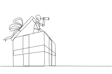 Fototapeta na wymiar Single one line drawing a robot emerges from gift box looking for something through binoculars. Scan. Analyze business performance. It's time to give gifts. Continuous line design graphic illustration