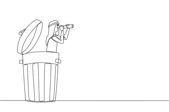 Single one line drawing Arabian businessman pops out of a trash bin looking for something with binoculars. Trying out waste materials for business profit. Continuous line design graphic illustration